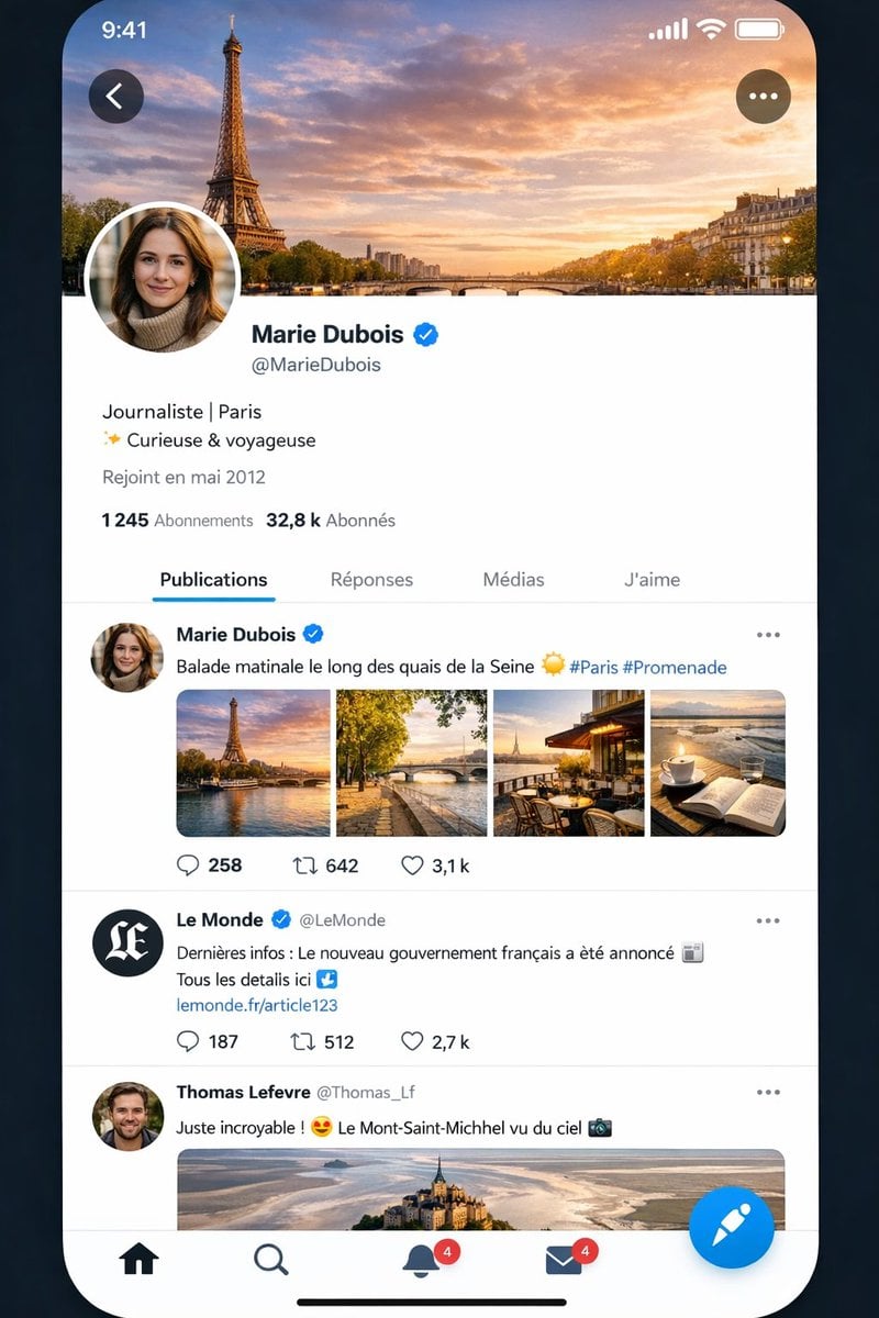 逼真的 X 风格法文个人资料界面