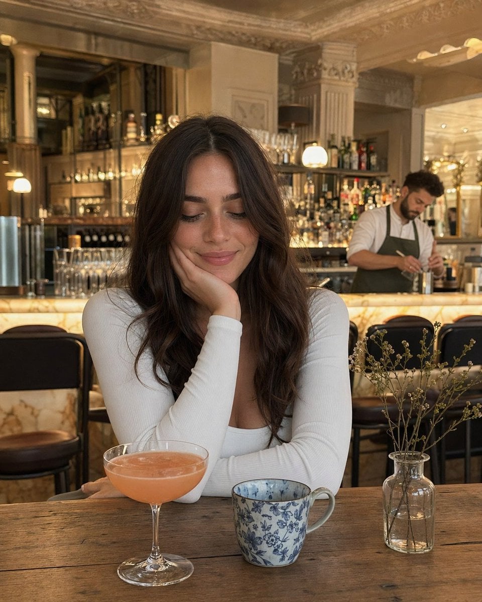 优雅酒吧咖啡桌旁的女性