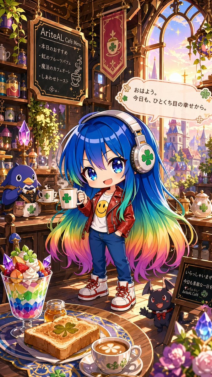 奇幻咖啡馆中的彩虹发色 Q 版少女