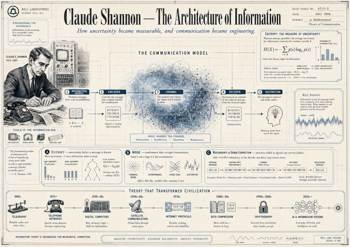 克劳德·香农 (Claude Shannon) 复古信息图海报