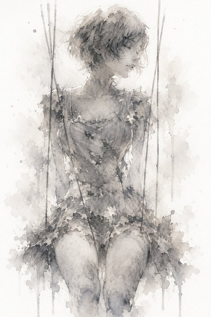 忧郁木偶水彩画