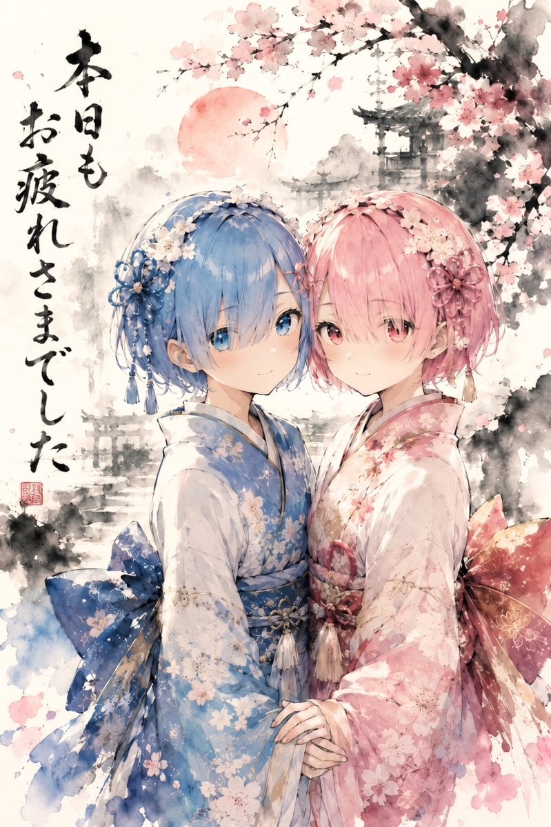 双子和服樱花水彩