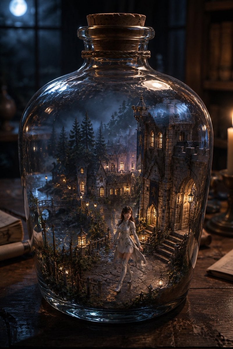 Miniature Fantasy Village in a Glass Bottle