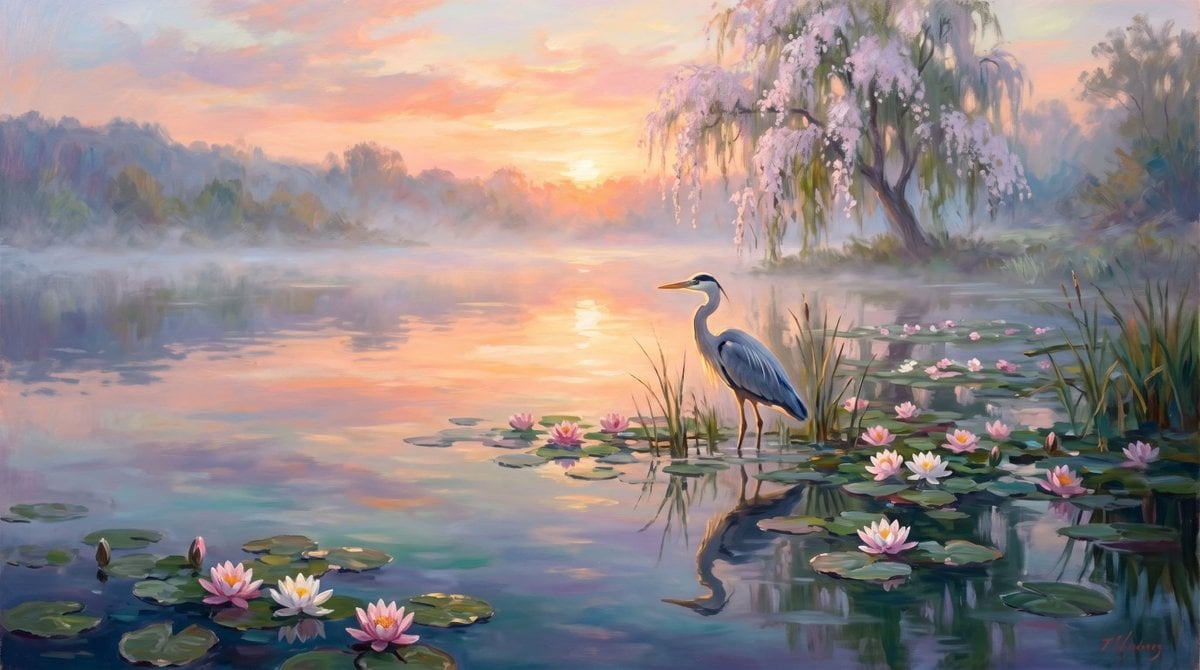 宁静苍鹭晨曦湖畔