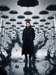 社交媒体帖子 - 黑色雨室中的超现实男子
