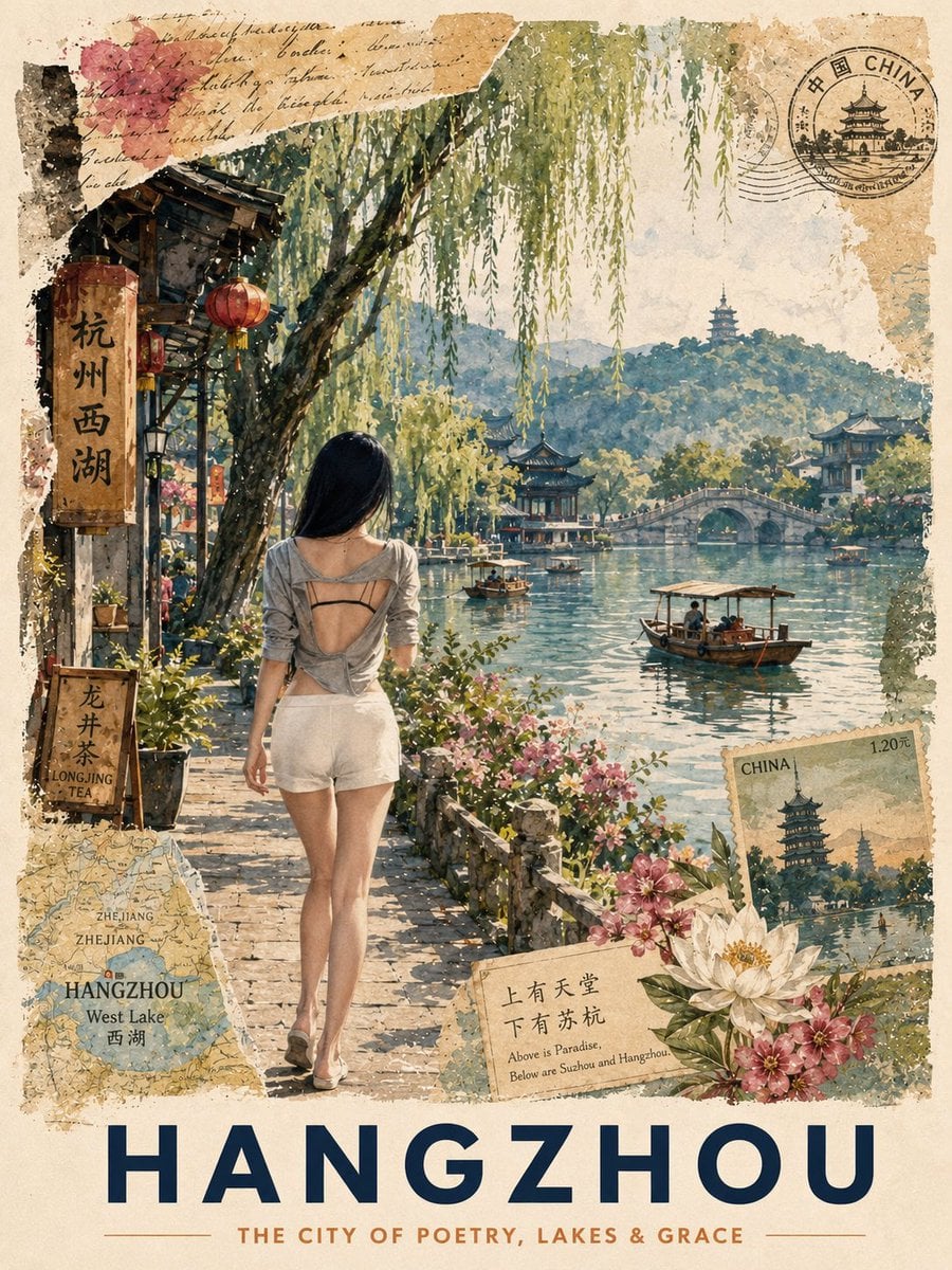 复古杭州旅行明信片
