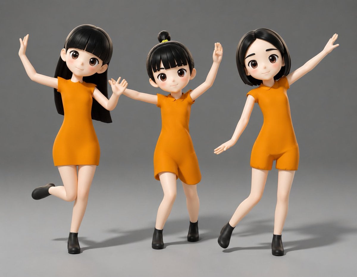 三位面部模糊的 3D 跳舞女孩