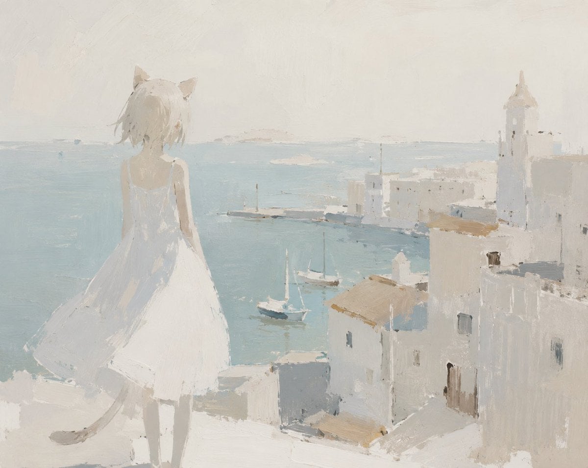 极简猫耳少女海边画作