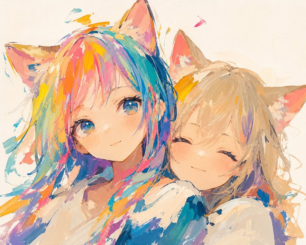 彩虹发色猫娘插画