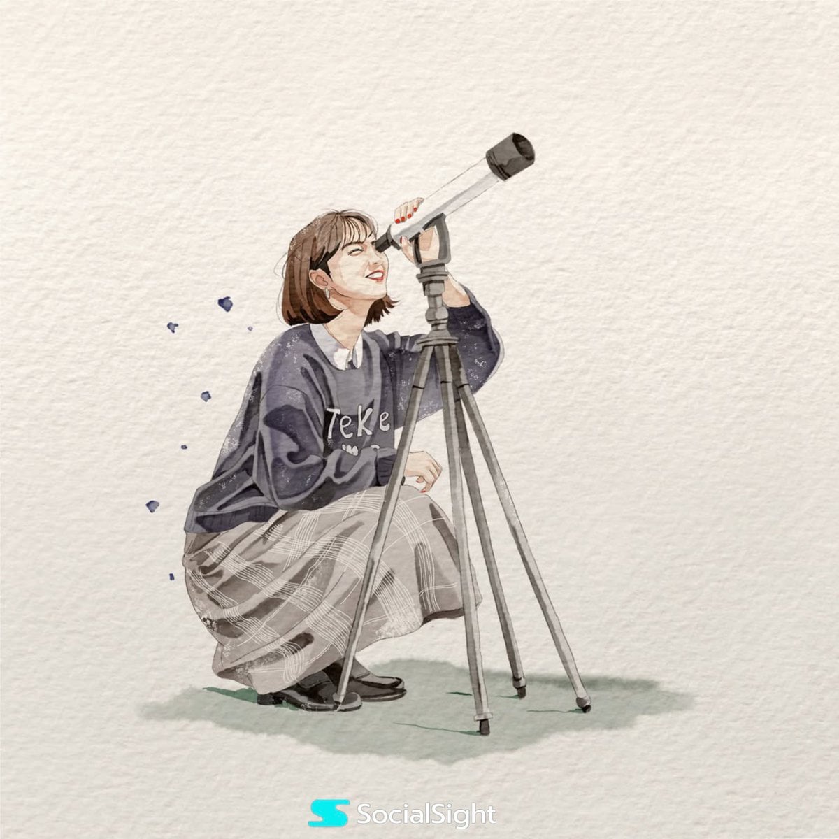 手持望远镜的女性水彩插画