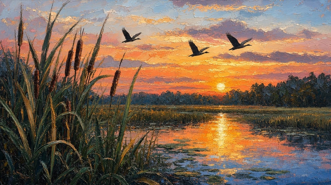 日落沼泽厚涂油画
