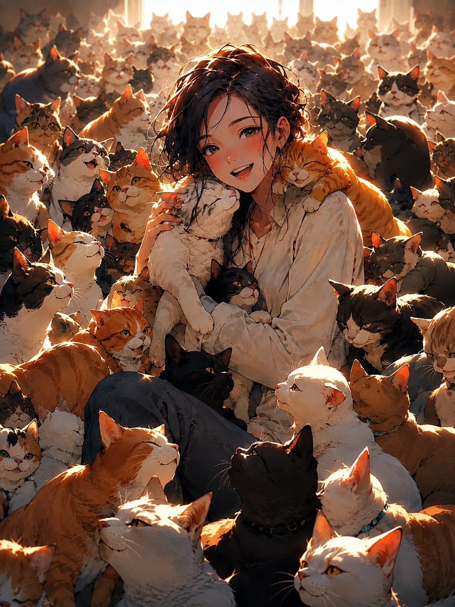被猫咪包围的动漫少女