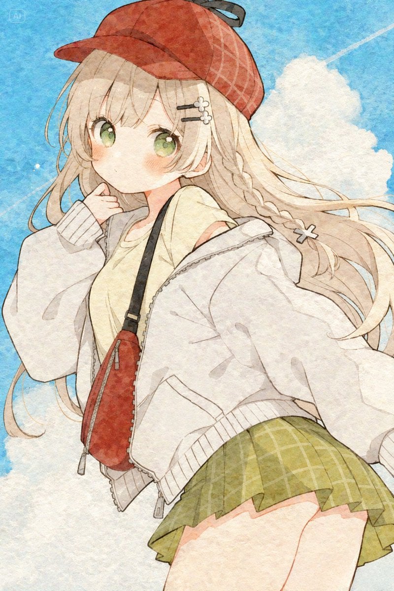夏日天空下的水彩动漫少女