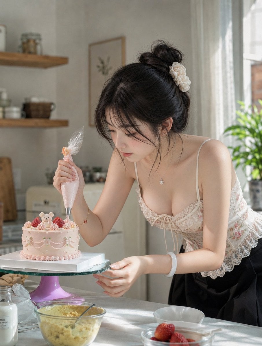 正在装饰小熊草莓蛋糕的女性