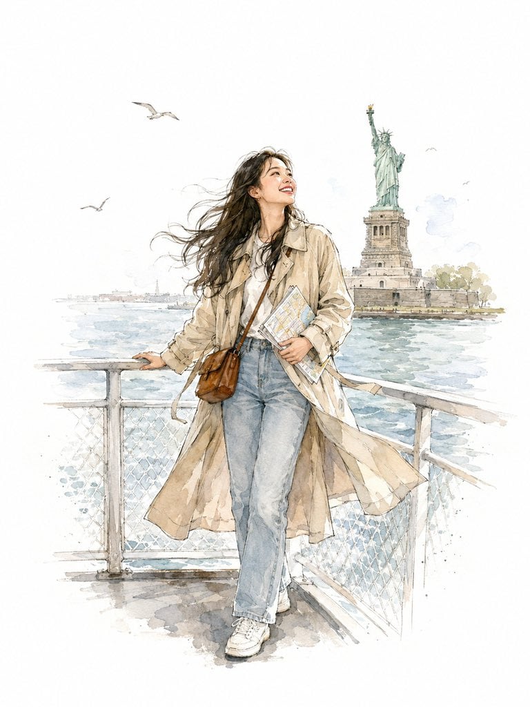 纽约渡轮上女性的水彩插画