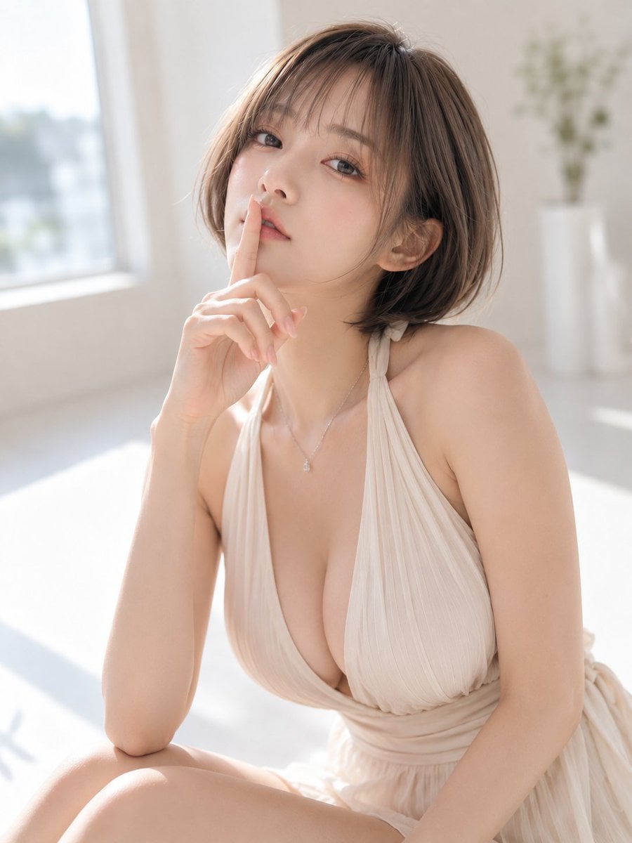 “嘘”——指尖轻触双唇的美妆肖像