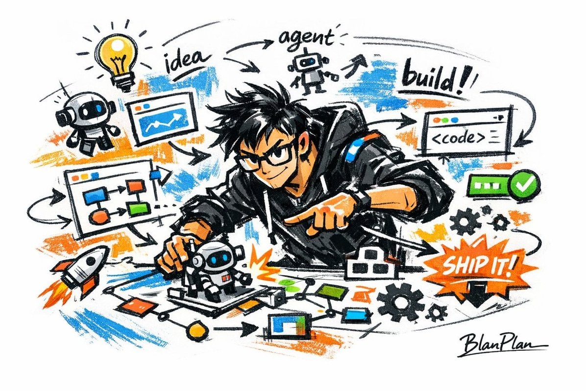 以涂鸦速写风表现【一个厉害的AI builder】，整体呈现快速勾勒