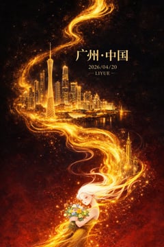 平面插画，东方幻想风格高端城市海报设计，竖版9:16构图