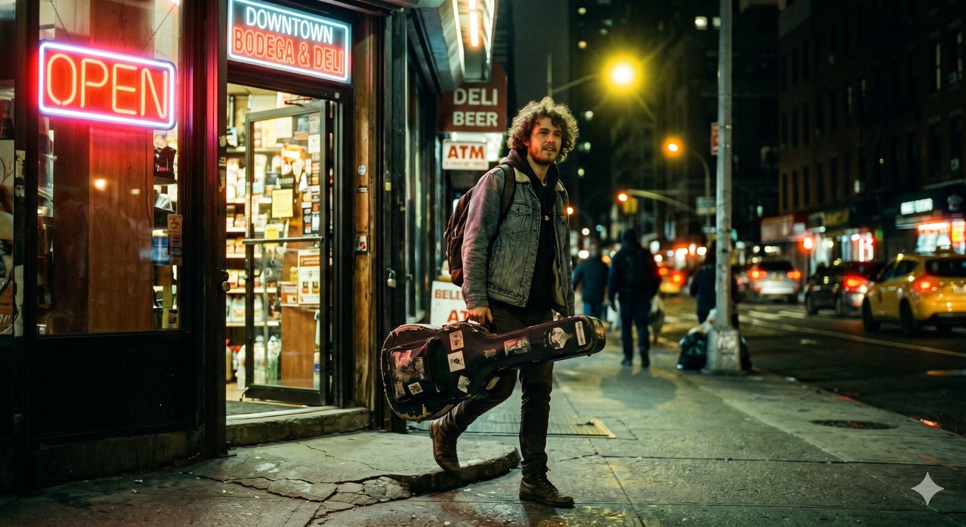 Musician Leaving Bodega Night Cinematic Portrait