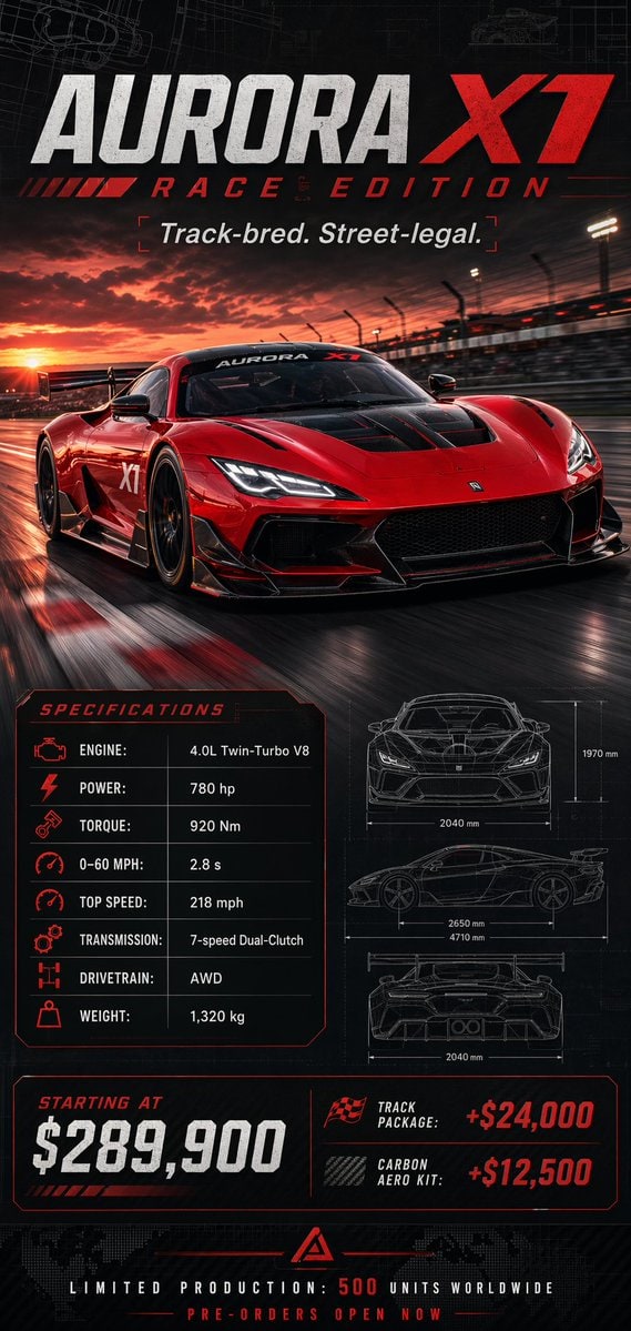 generate an image of a racing car poster with its spec and pricing