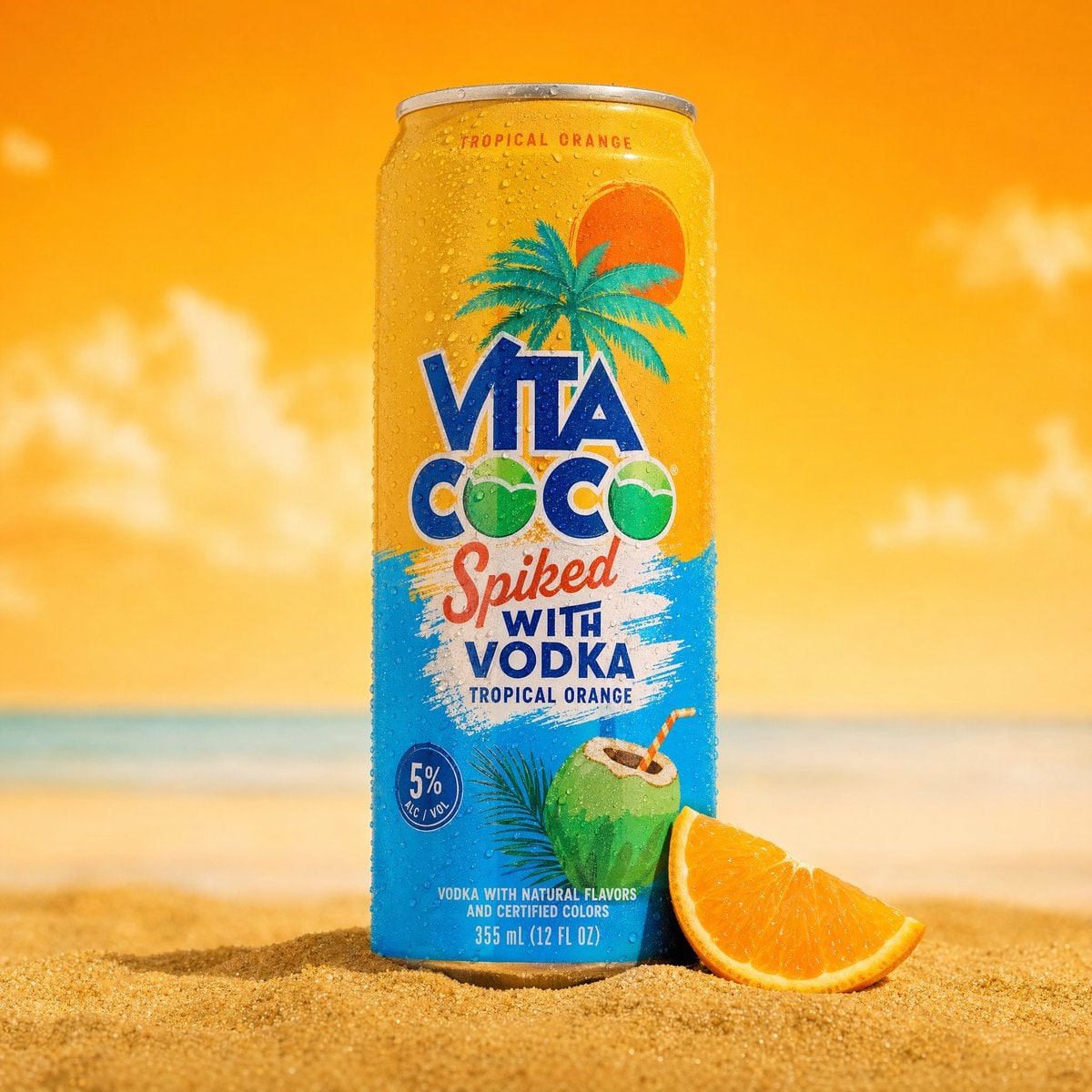 A professional product photography shot of a cold sparkling water