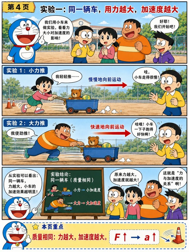 信息图/教育视觉 - 哆啦A梦风格牛顿第二定律漫画