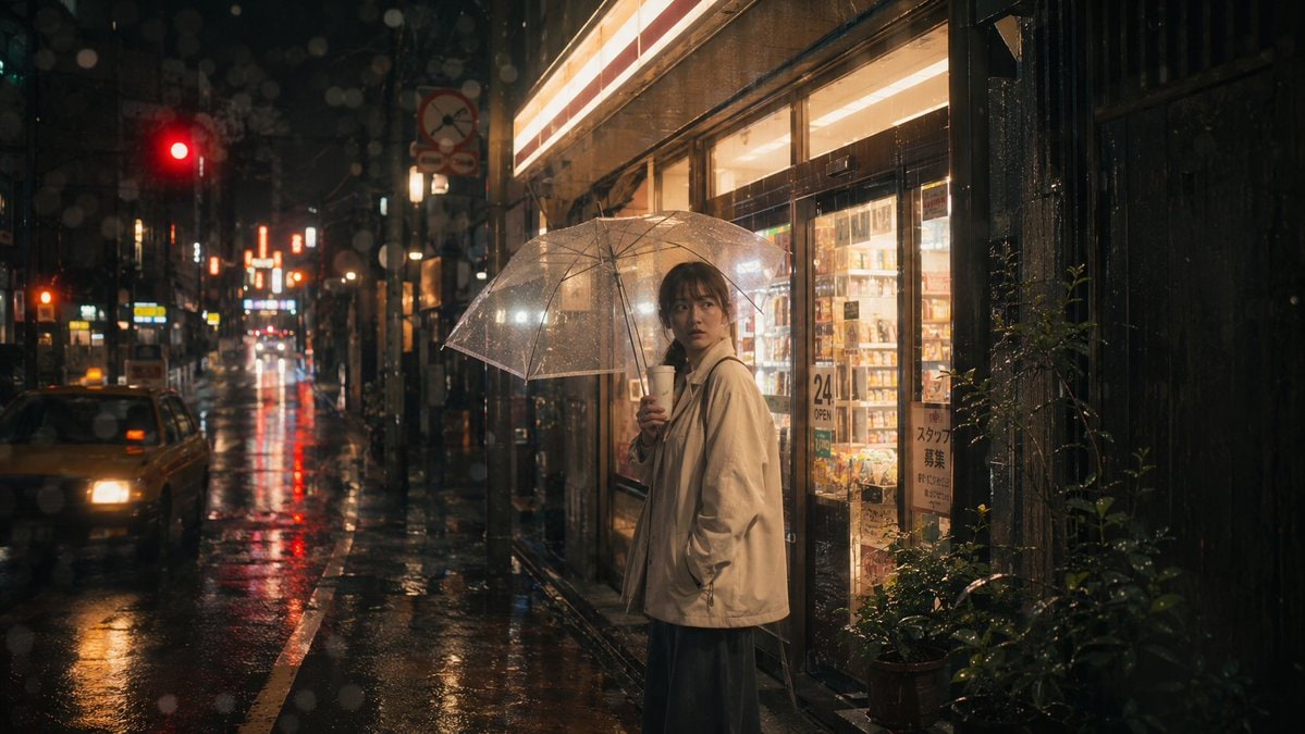 社交媒体帖子 - 雨夜东京便利店场景