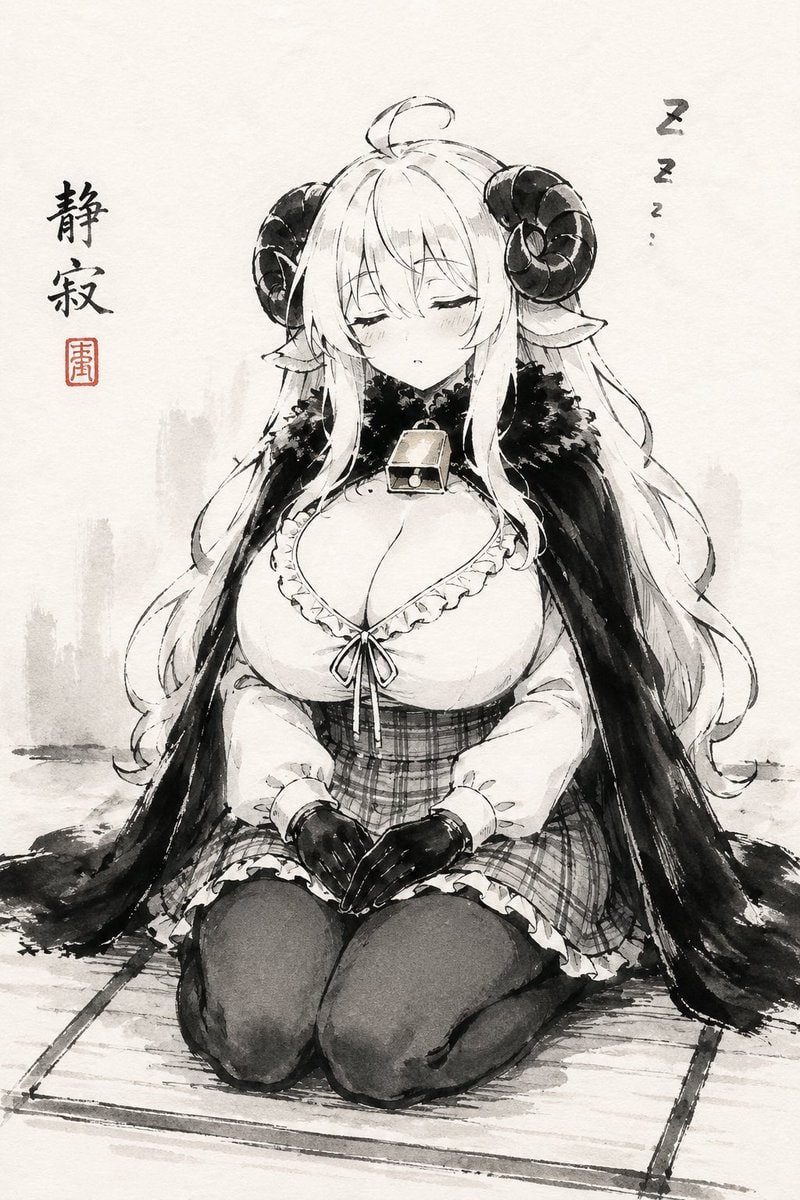 社交媒体帖子 - 睡羊女水墨画