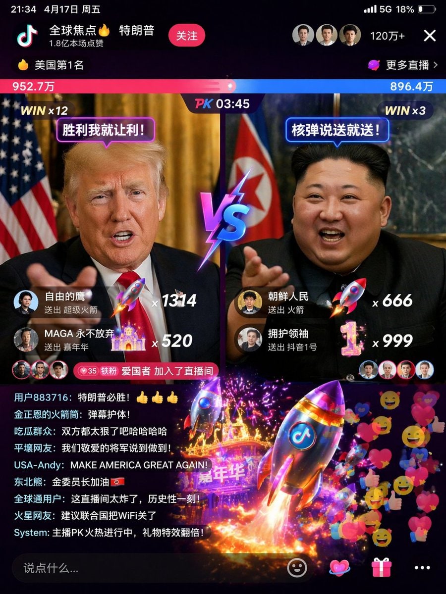 1、生成特朗普和金正恩在抖音直播间打PK的截图 2