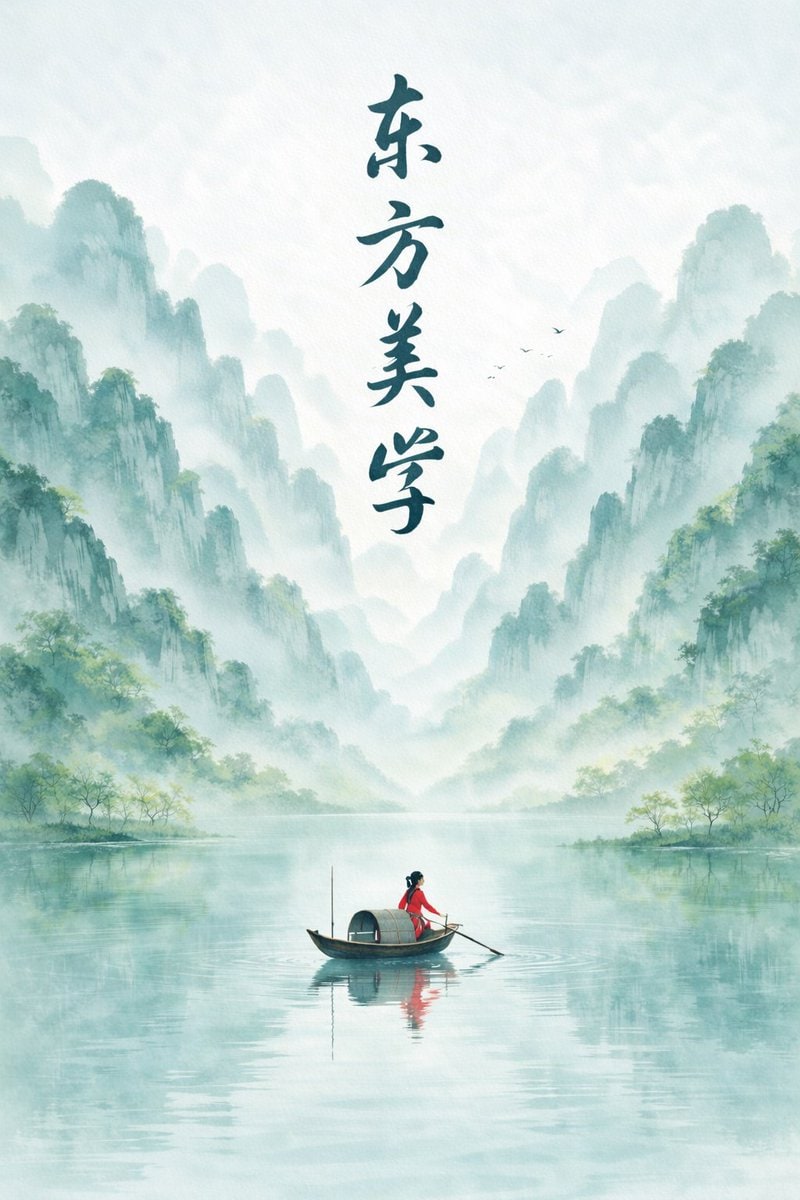 新中式水墨山水海报，竖版9:16构图，东方极简美学风格， 大面积留白