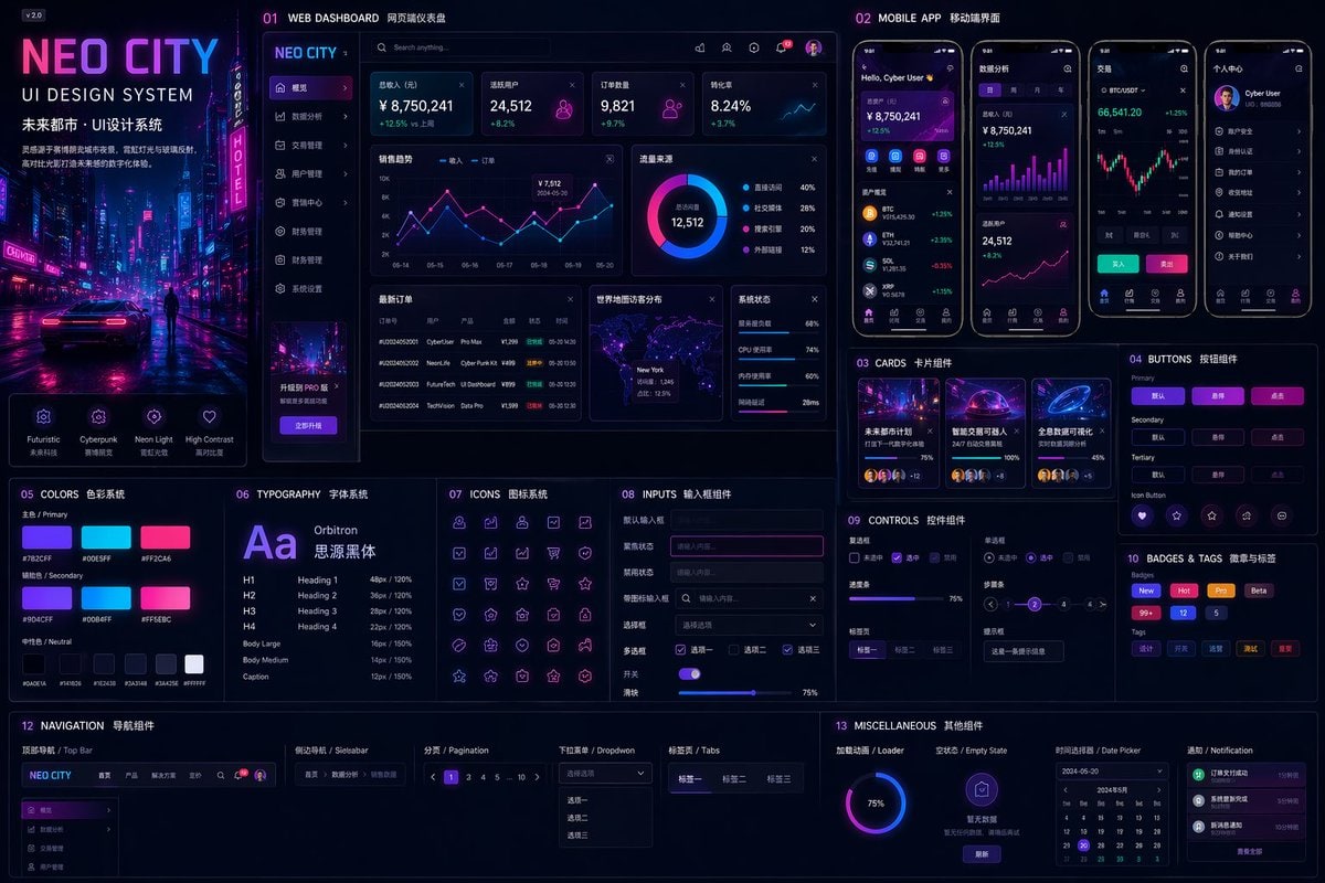 用未来都市风格生成UI设计系统，灵感来自赛博朋克城市夜景，包含霓虹灯