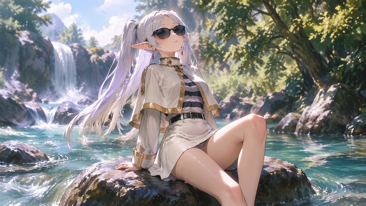 在森林溪流中放松的动漫精灵少女