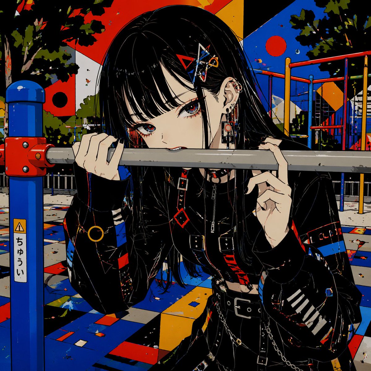游乐场栏杆旁的哥特风动漫少女