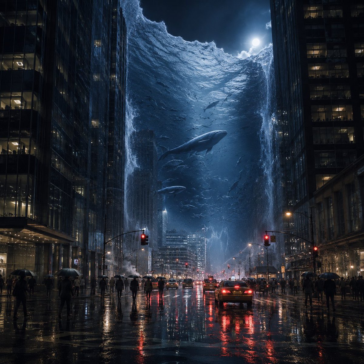 社交媒体帖子 - 雨中城市的超现实海洋墙