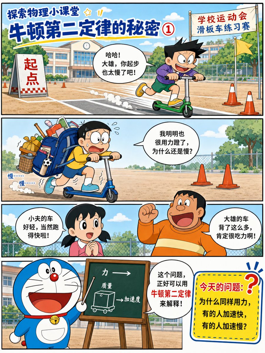 信息图/教育视觉 - 哆啦A梦风格牛顿第二定律漫画
