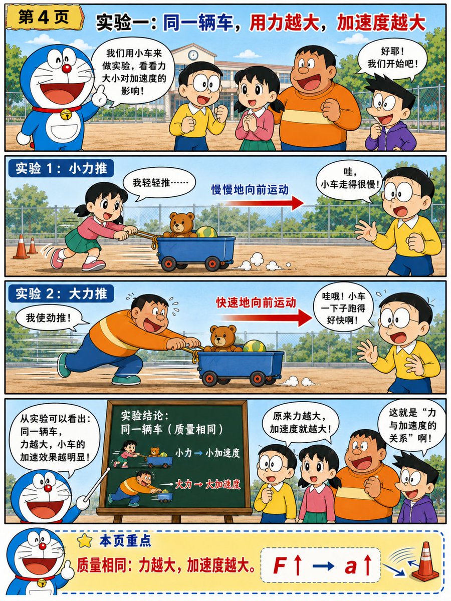 信息图/教育视觉 - 哆啦A梦风格牛顿第二定律漫画