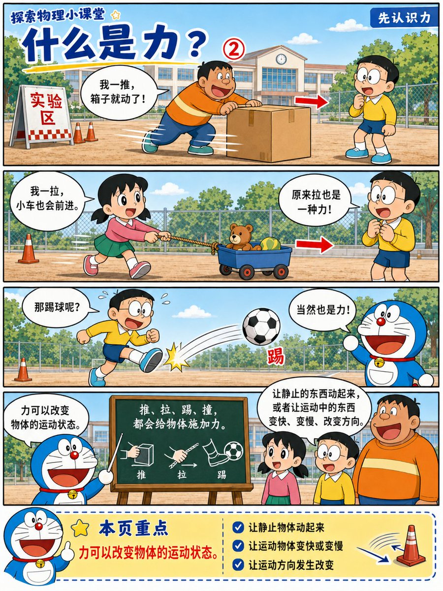 信息图/教育视觉 - 哆啦A梦风格牛顿第二定律漫画