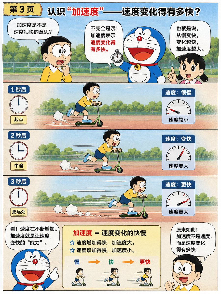 信息图/教育视觉 - 哆啦A梦风格牛顿第二定律漫画