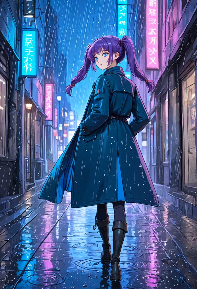 社交媒体帖子 - 雨夜霓虹动漫小巷女子