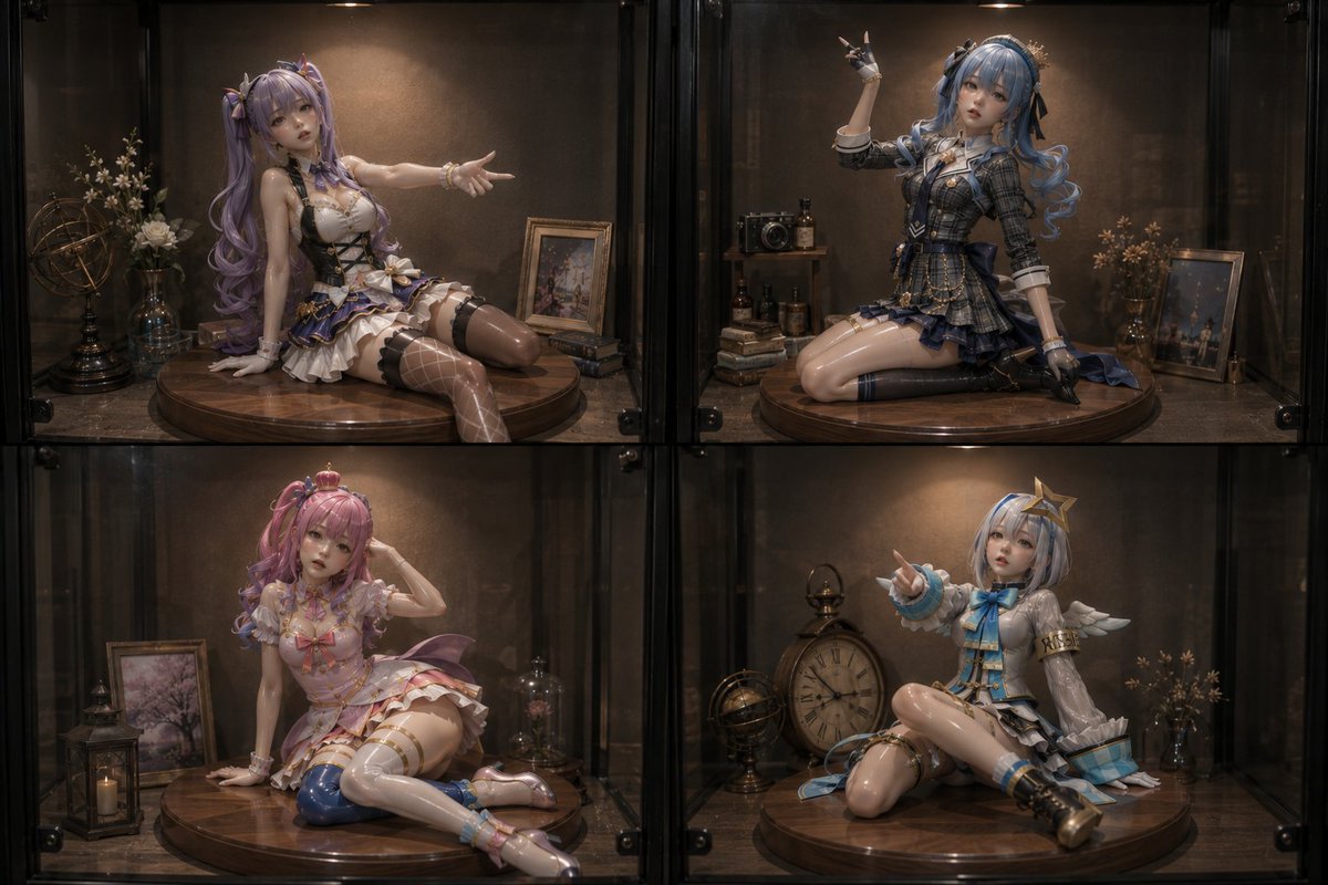 电商主图 - 玻璃展柜中的四个动漫手办