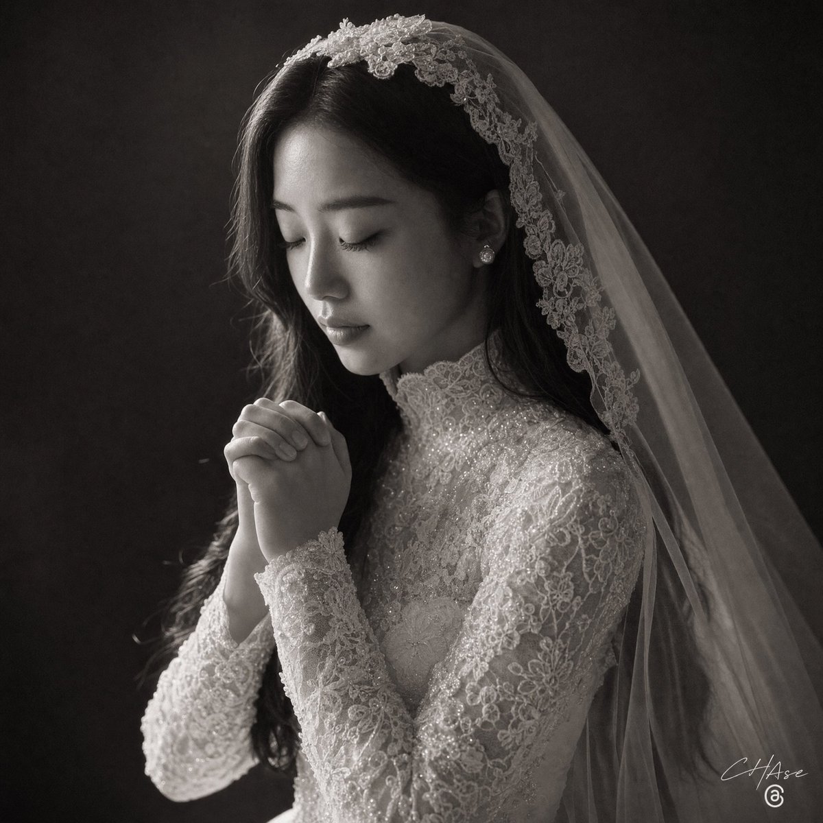 社交媒体帖子 - 黑白新娘祈祷人像