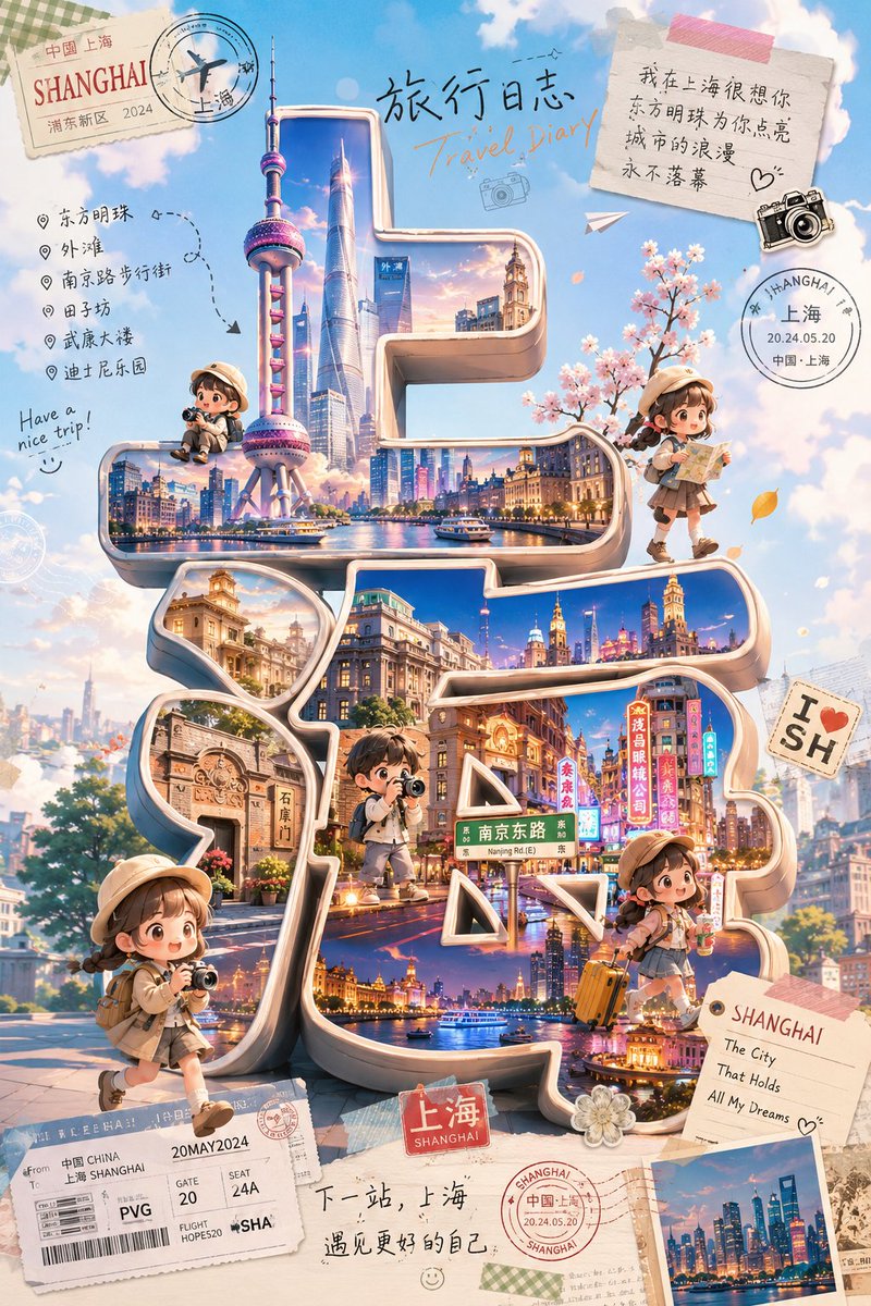 社交媒体帖子 - 可爱上海Q版旅行海报