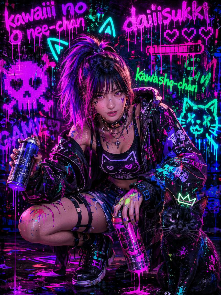 社交媒体帖子 - 霓虹朋克涂鸦女孩与猫