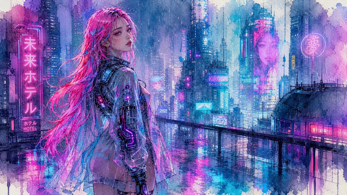 社交媒体帖子 - 水彩赛博朋克屋顶女孩