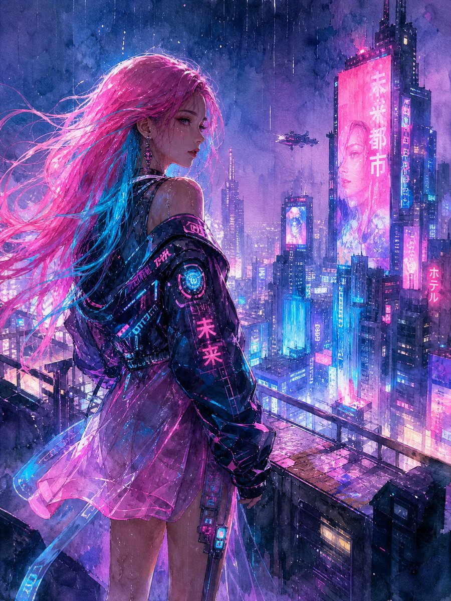 社交媒体帖子 - 水彩赛博朋克屋顶女孩