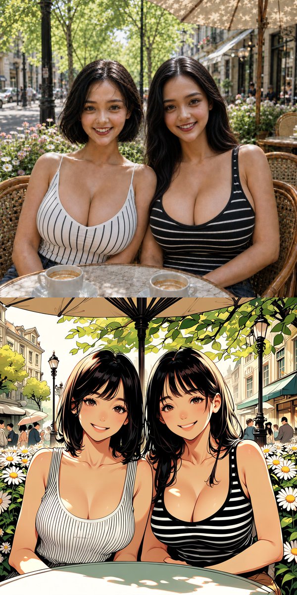 社交媒体帖子 - 双胞胎姐妹咖啡馆 照片与动漫对比
