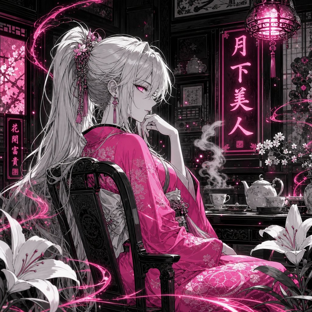 社交媒体帖子 - 霓虹月光下的动漫茶馆美人