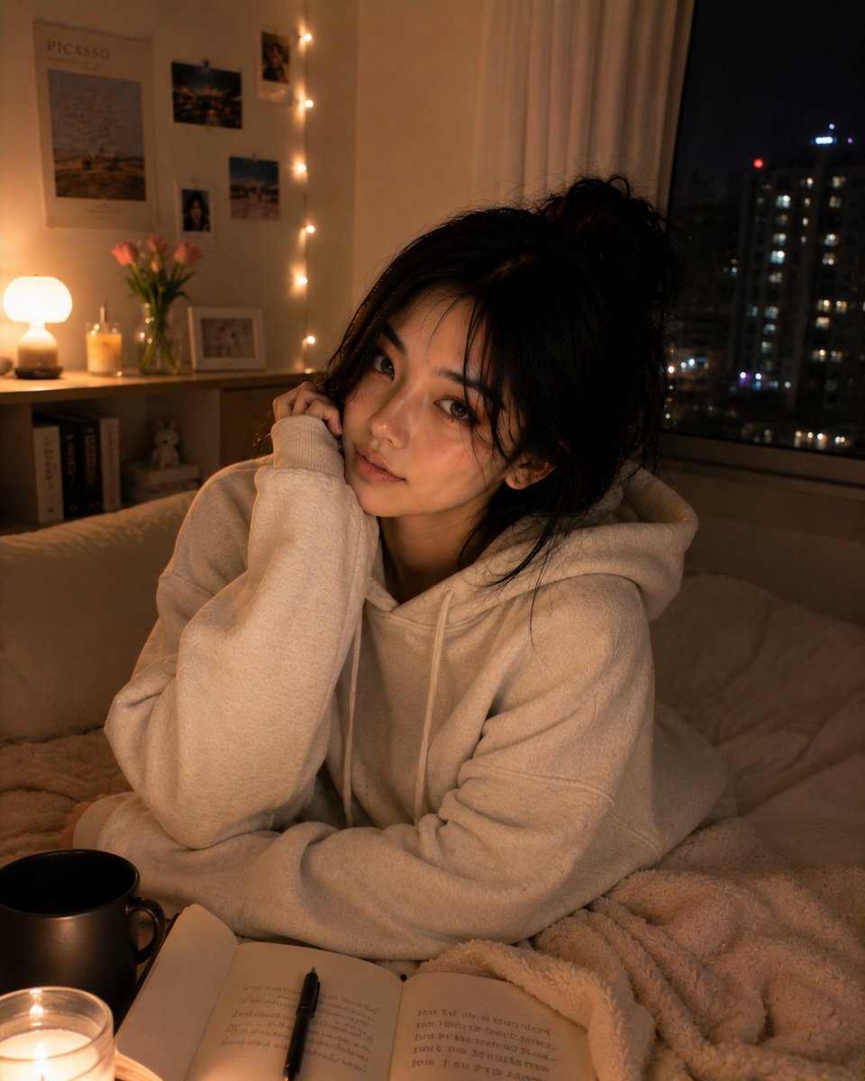 社交媒体帖子 - 温馨韩式卧室人像