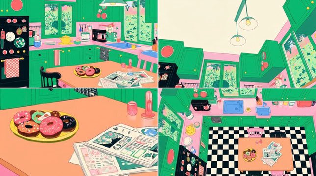 漫画/故事板 - 四格复古厨房场景