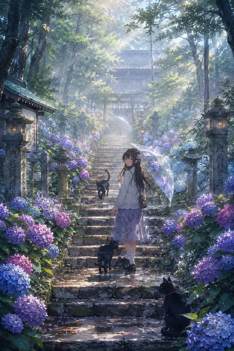 社交媒体帖子 - 雨季神社绣球花场景